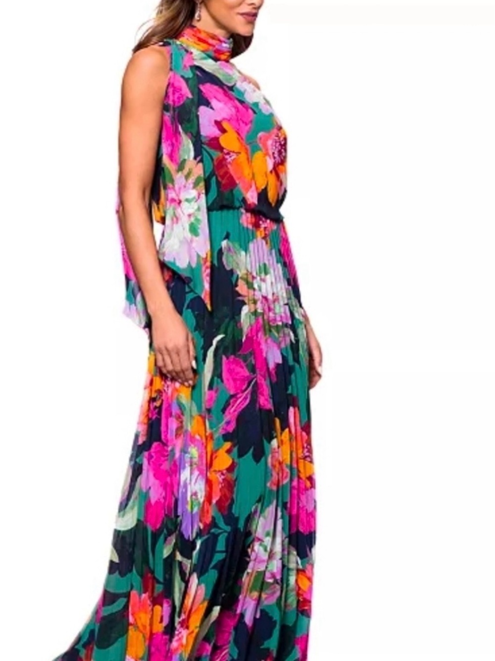 XscapeFloral One-Shoulder Maxi Dress in Teal & Pink - Picture 3 of 4